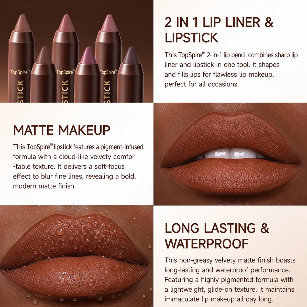 TopSpire™ 6PCS/Set Luxury Matte Lipstick – Soft Velvet Finish & All-Day Color