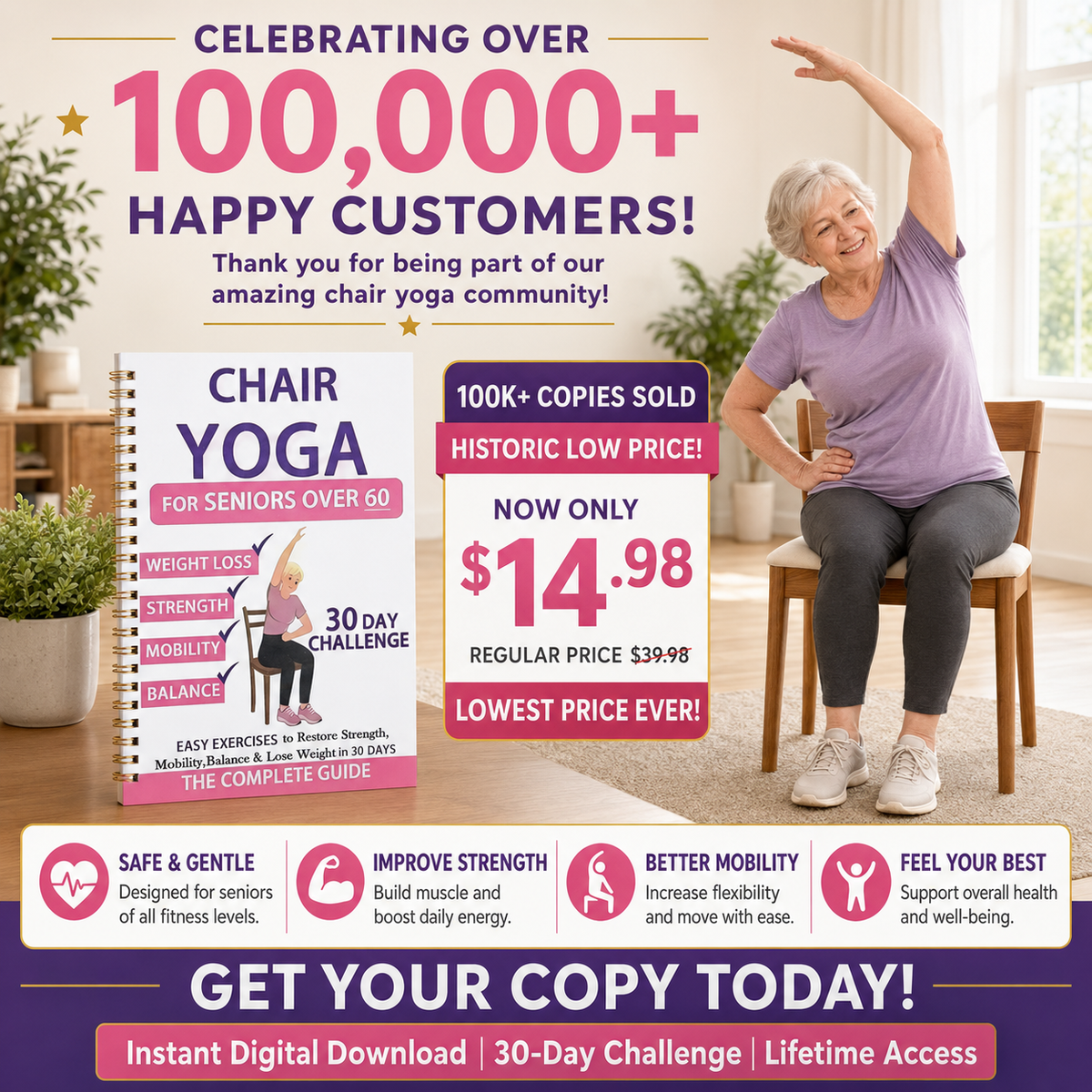 💖Celebrating 100,000+ Happy Customers🔥The Complete Guide to Chair Yoga for Seniors Over 60
